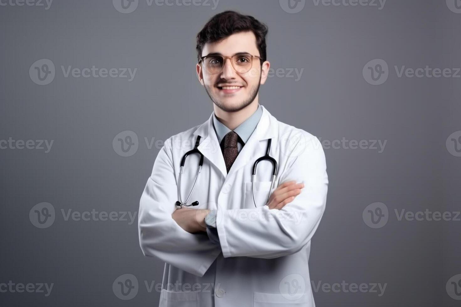 ai generativ porträtt av självsäker manlig läkare i vit täcka och stetoskop stående med vapen korsade och ser på kamera foto