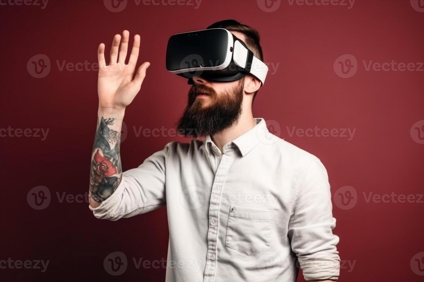 ai generativ ung man bär en vr headsetet gestikulerar med hand på fast bakgrund, upplever virtuell verklighet teknologi begrepp foto