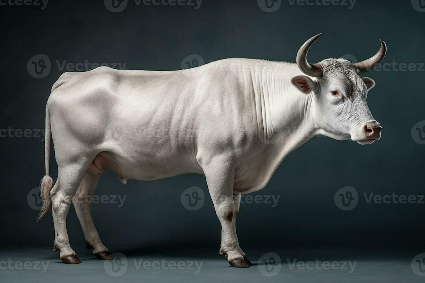 ai generativ vit ko med lång horn på en mörk bakgrund, studio skott foto