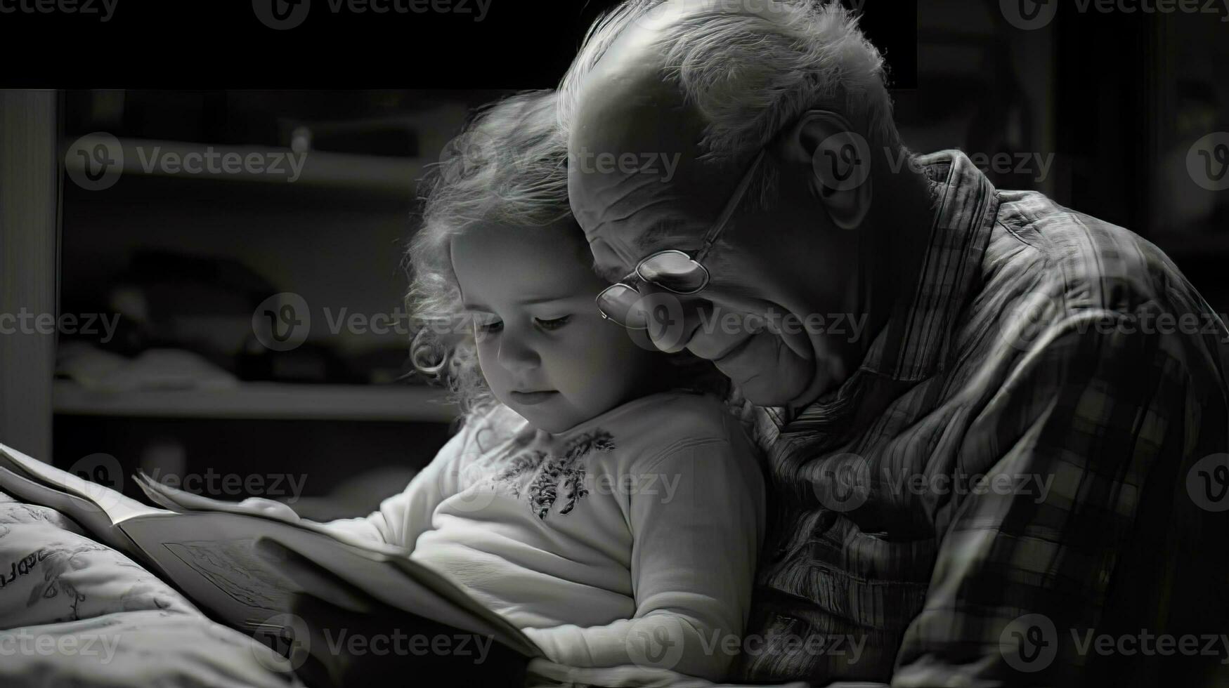 farfar och barnbarn en hjärtvärmande ögonblick av läsning och bindning ai genererad foto