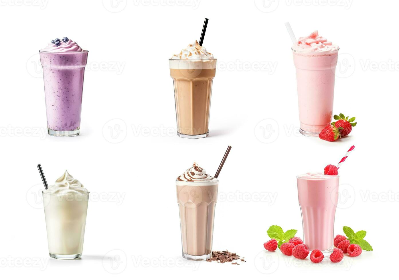 uppsättning av milkshakes - blåbär, kola, jordgubbe, vanilj, choklad, hallon isolerat på vit bakgrund foto