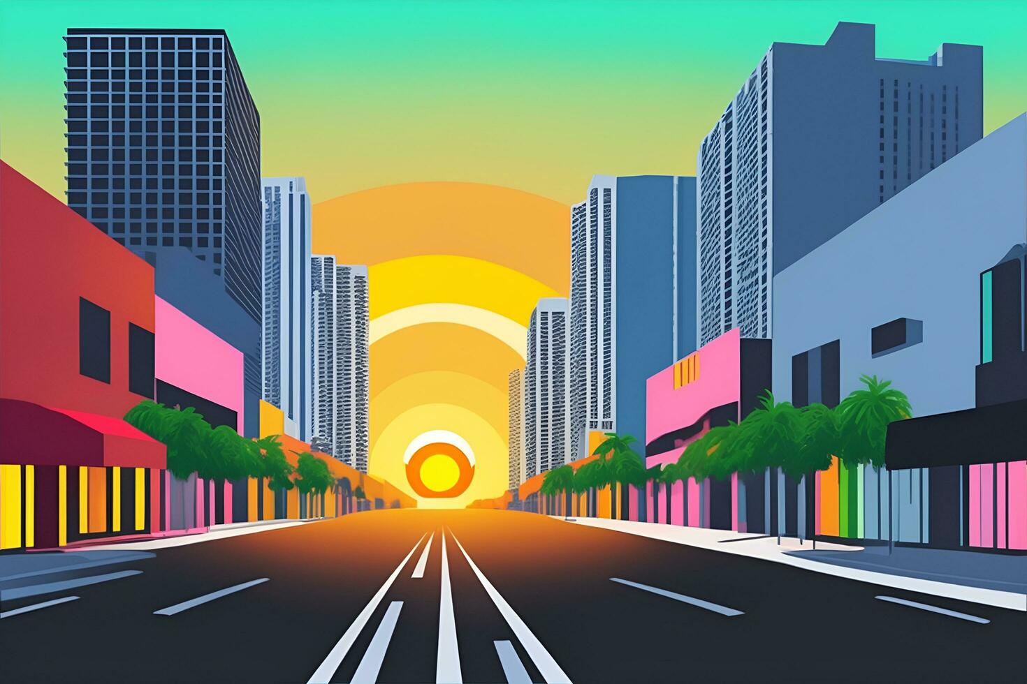miami gata färgrik nyanser i hög grad detaljerad platt design. stad skyskrapor, urban bakgrund. foto