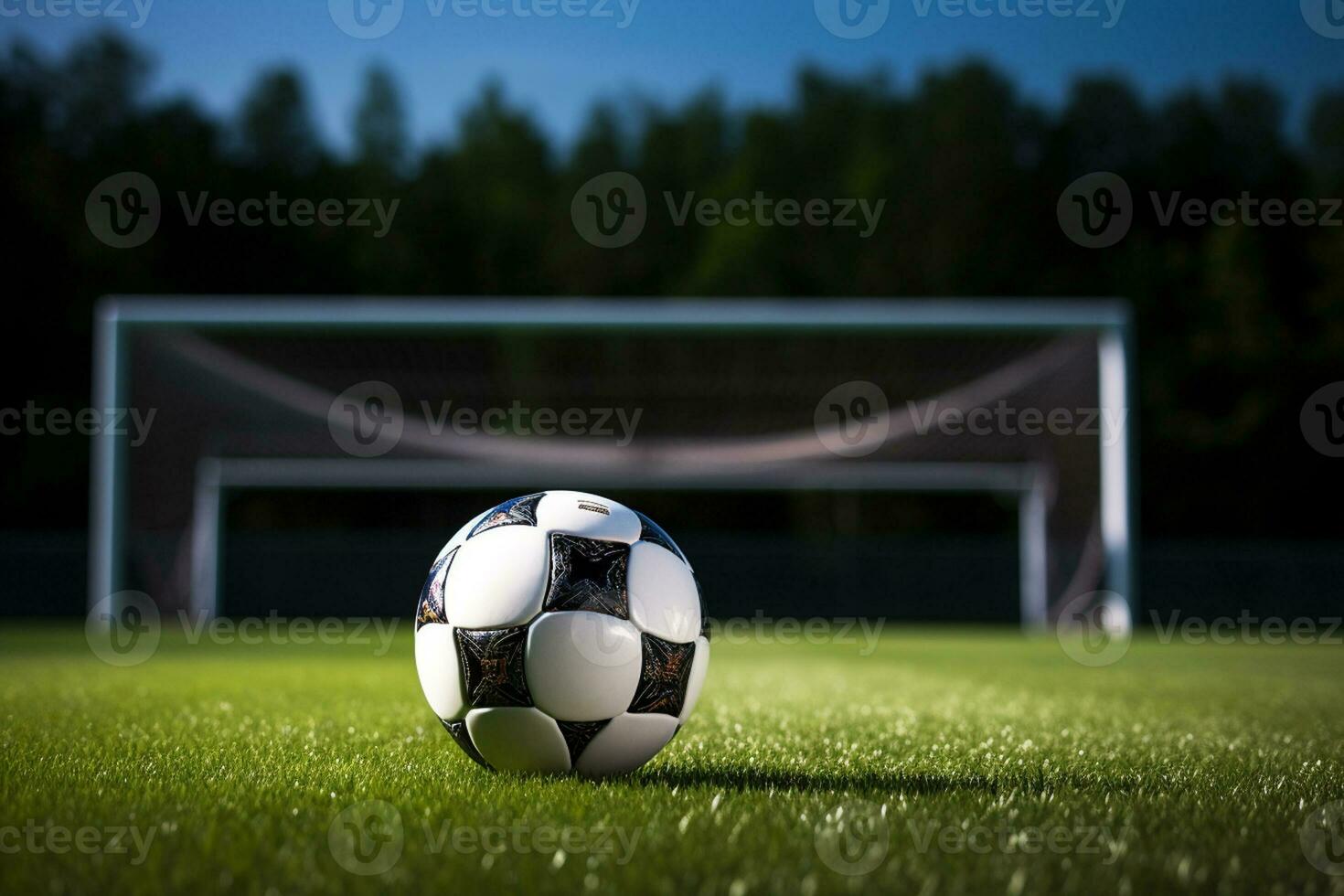 ai generativ fotboll boll på de grön gräs och mål netto i fotboll stadion foto