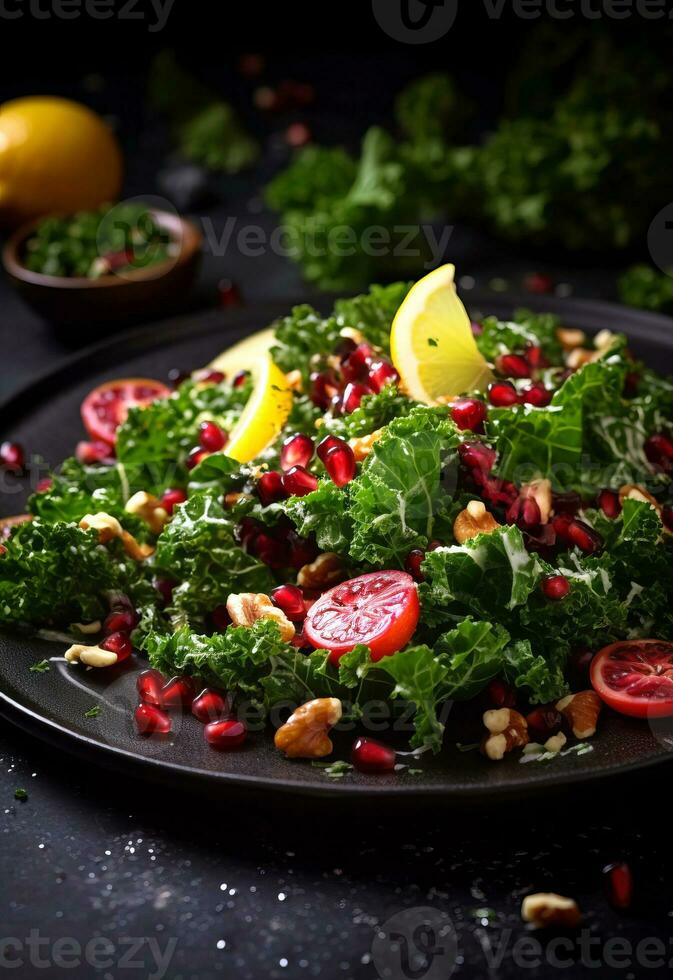 sallad av grönkål, Övrig färsk grönsaker och granatäpple frön foto