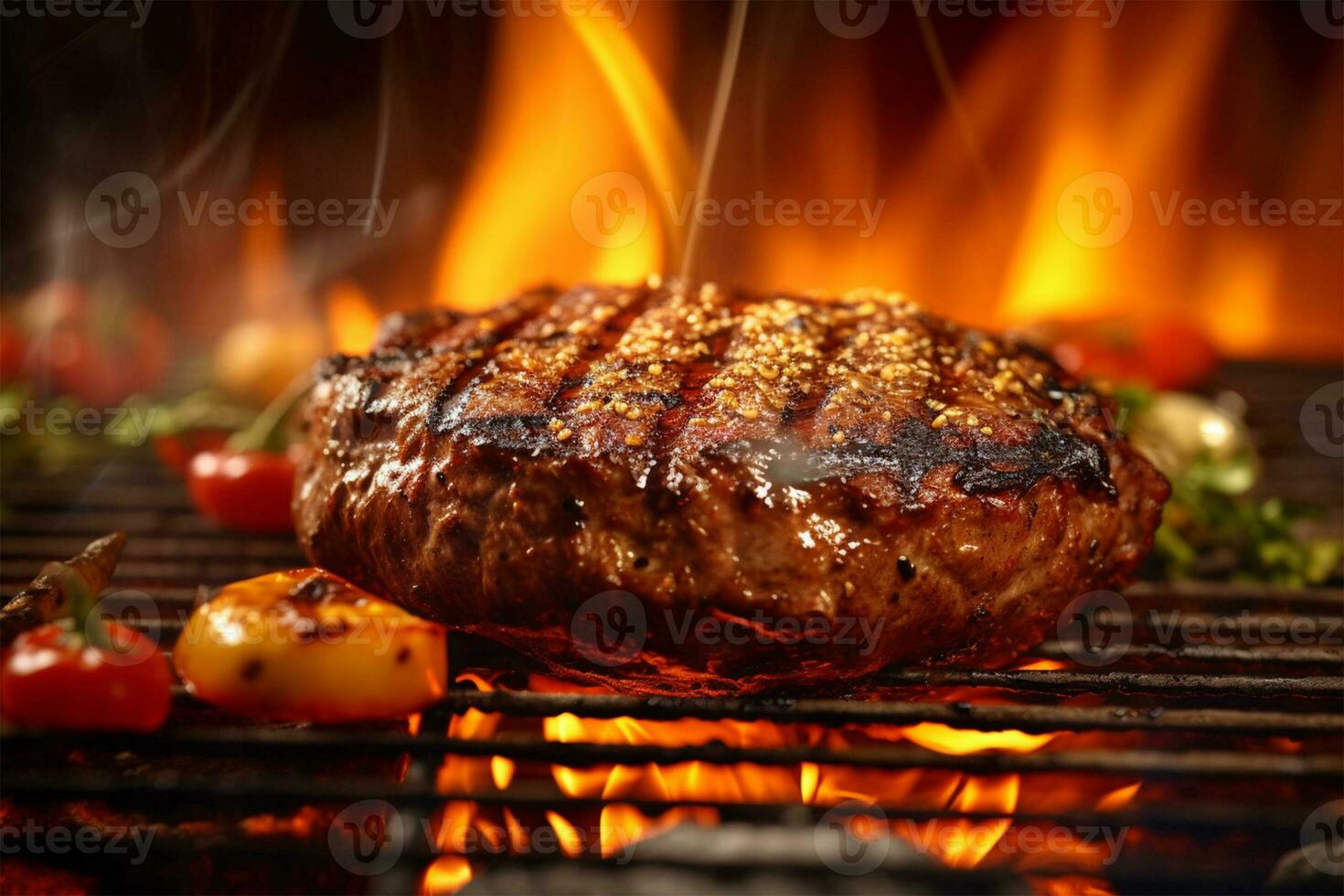hamburgare varm kryddor grillad på bbq brand flamma grill ai genererad foto