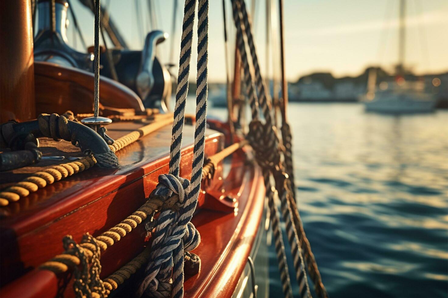 segling Yacht i de solnedgång ljus. närbild av de rosett och segel ai genererad foto