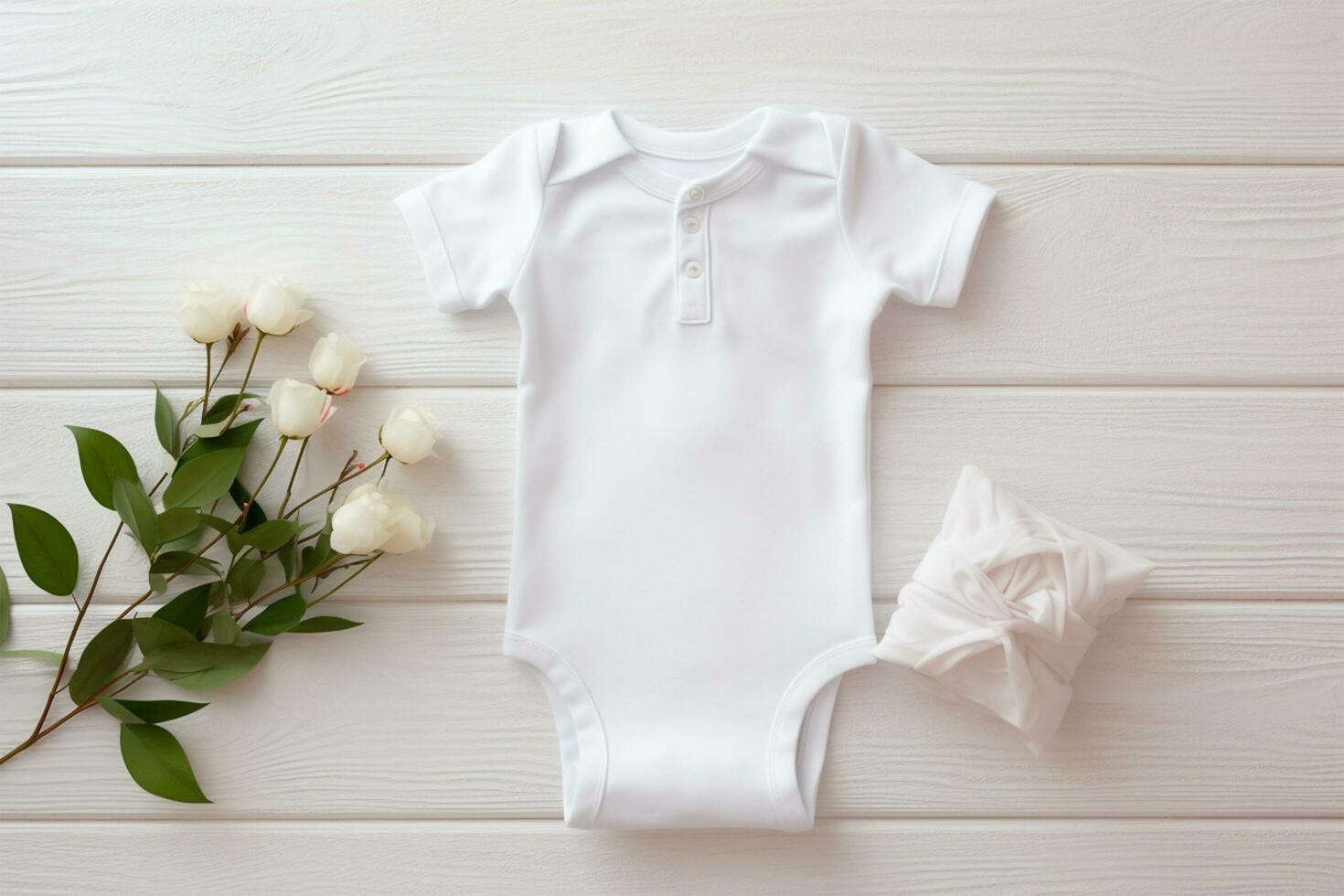 vit bebis kroppsdräkt och blommor på vit trä- bakgrund, topp se ai genererad foto