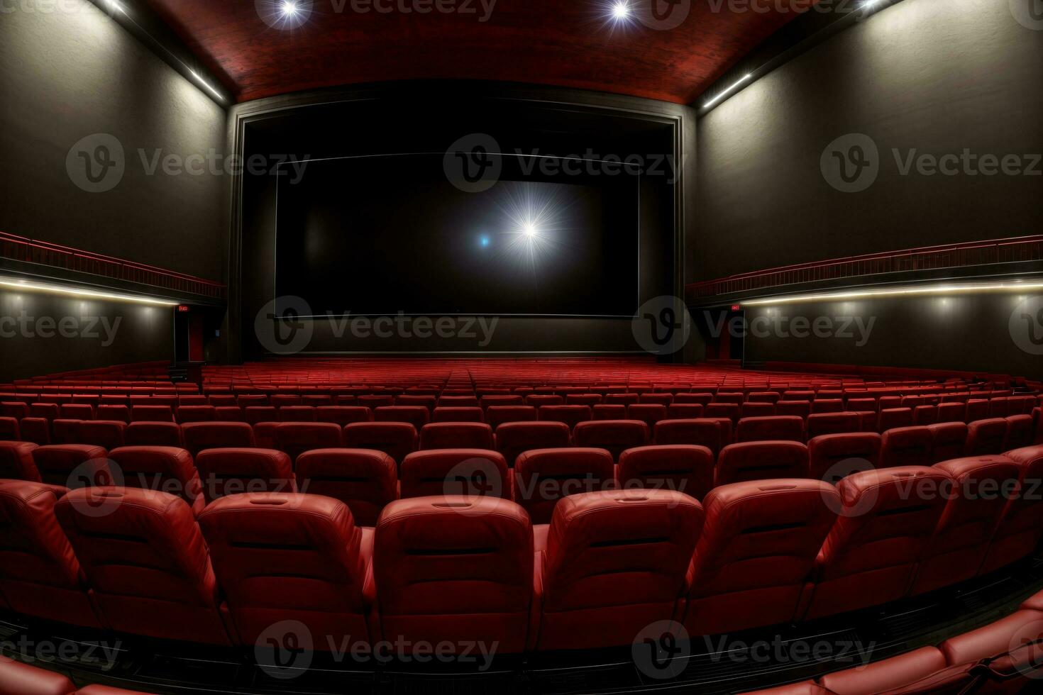 ett tömma teater med röd säten och en projektor skärm. ai genererad foto