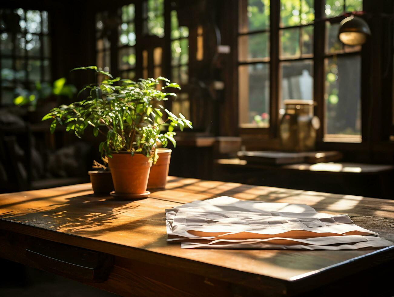 papper på de trä- tabell, verklig fotografi med slät belysning och Sol ljus ai generera foto