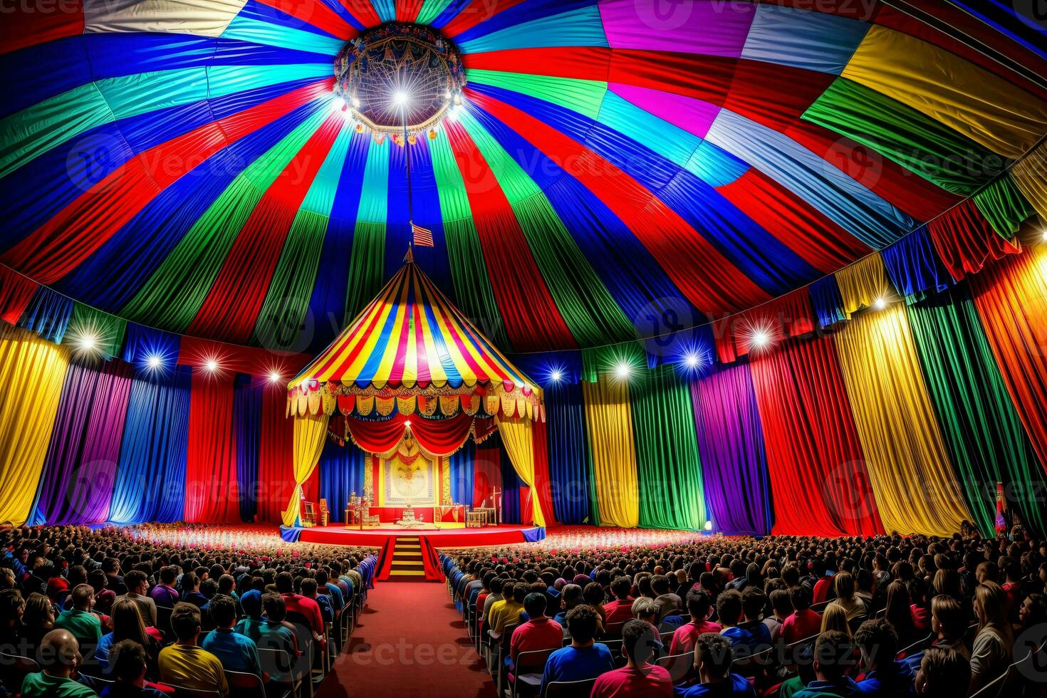 en ljust färgad cirkus tält med en skede full av människor. ai genererad foto