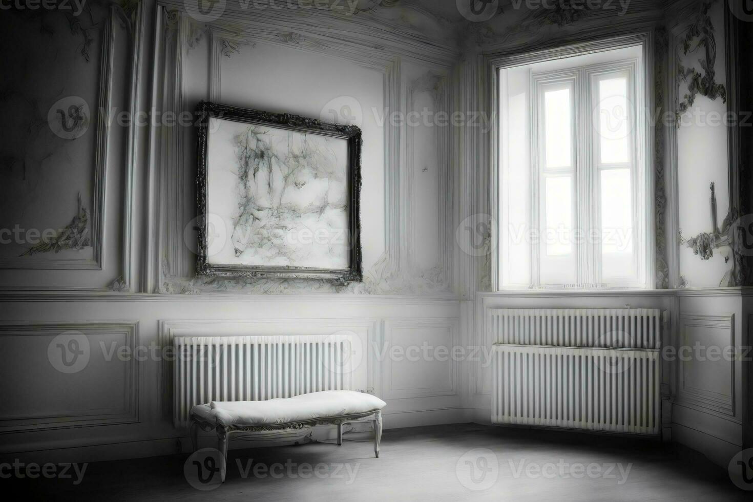 en rum med en bänk och en målning på de vägg. ai genererad foto
