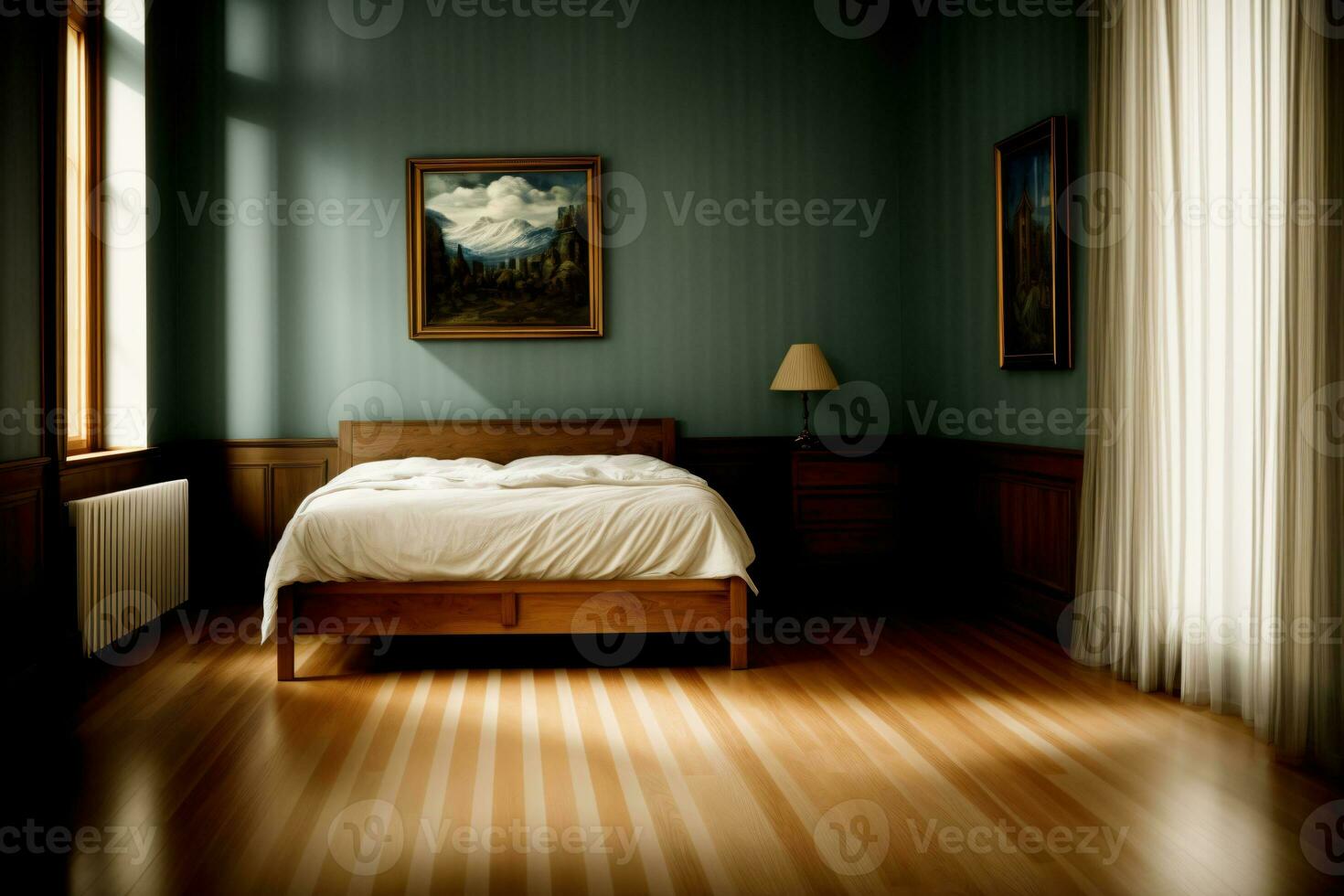 en säng rum med en ordentligt tillverkad säng och en målning på de vägg. ai genererad foto