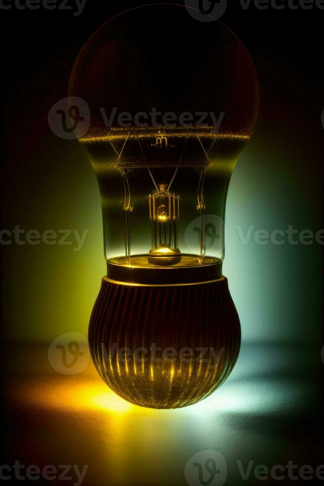en ljus Glödlampa Sammanträde på topp av en tabell. ai genererad foto
