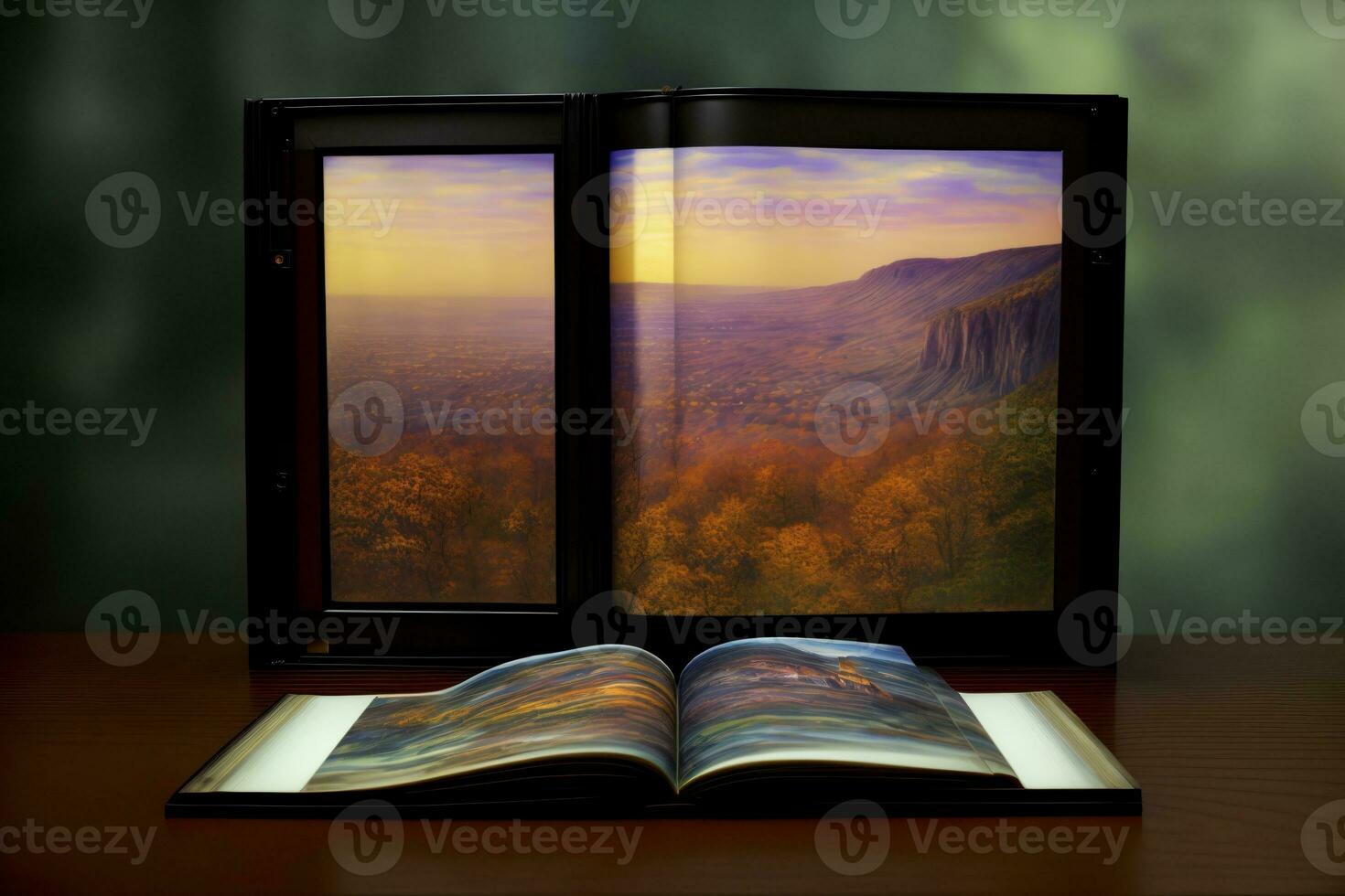 ett öppen bok Sammanträde på topp av en trä- tabell. ai genererad foto