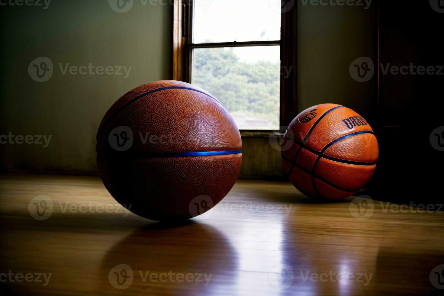 två basketbollar Sammanträde på en trä- golv i främre av en fönster. ai genererad foto