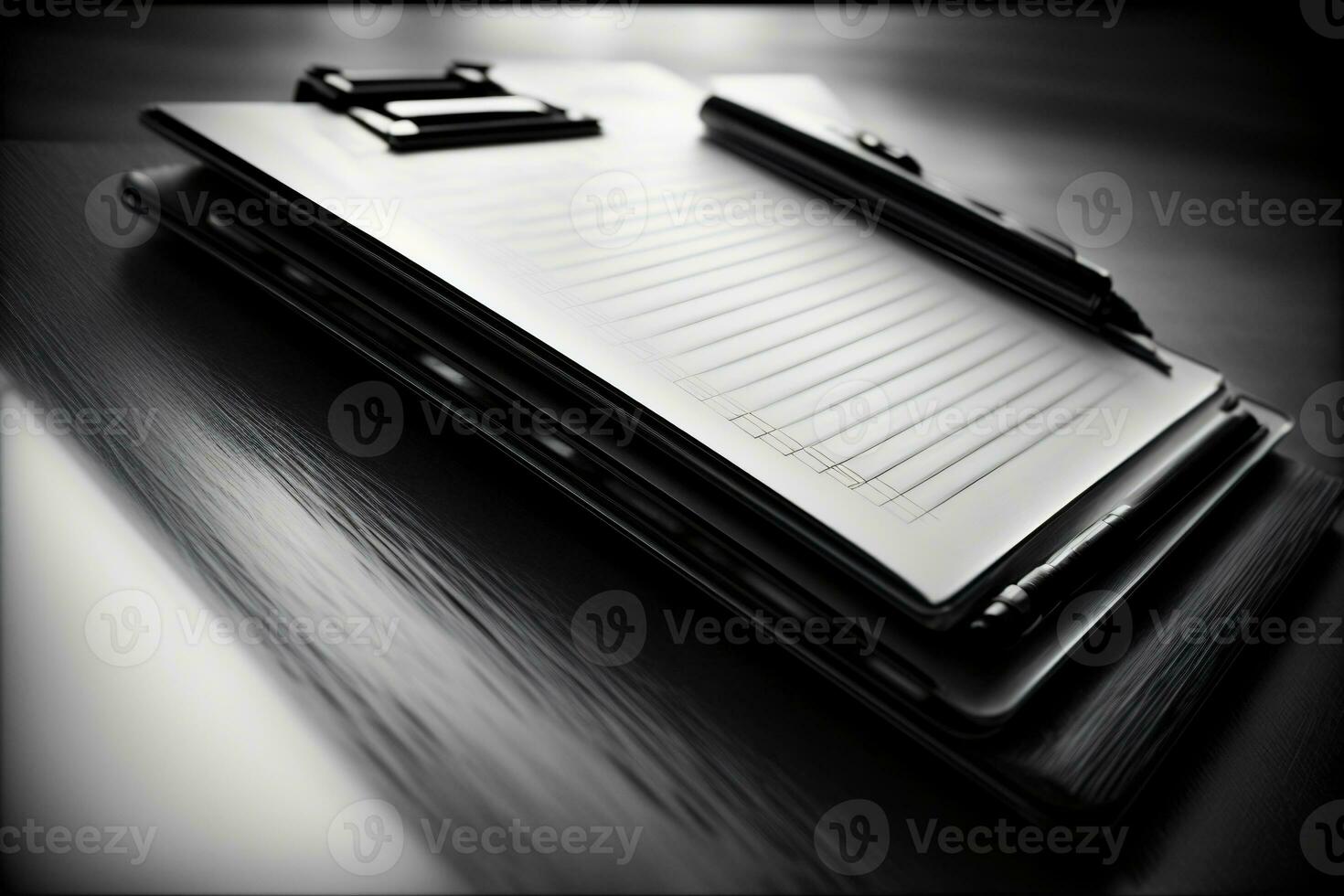 en svart och vit Foto av en anteckningsblock och penna. ai genererad