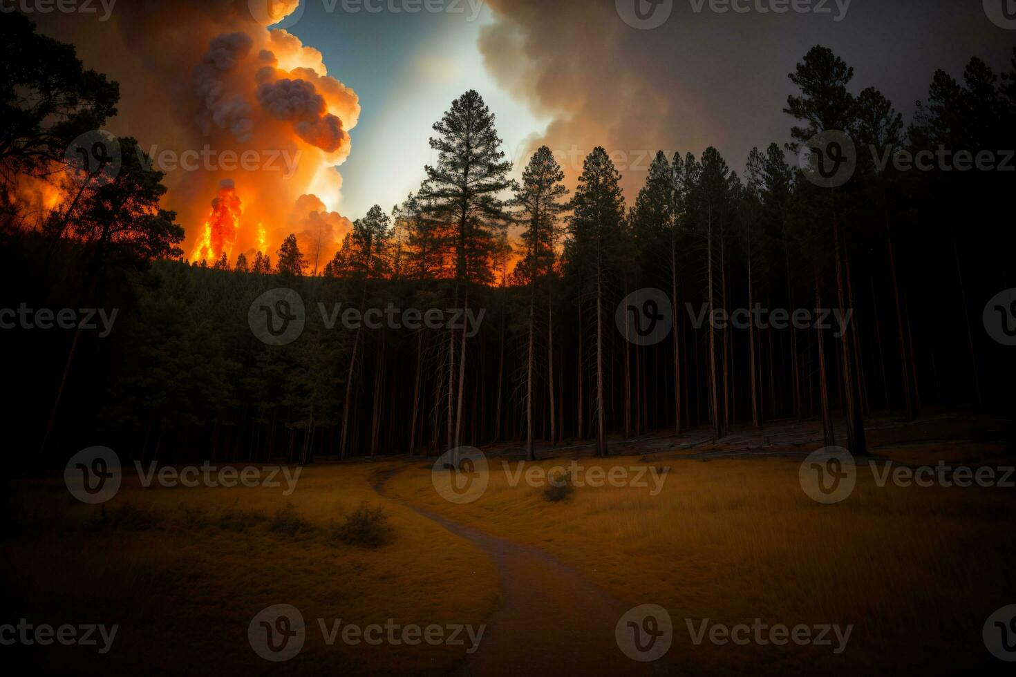 en skog fylld med massor av träd under en molnig himmel. ai genererad foto