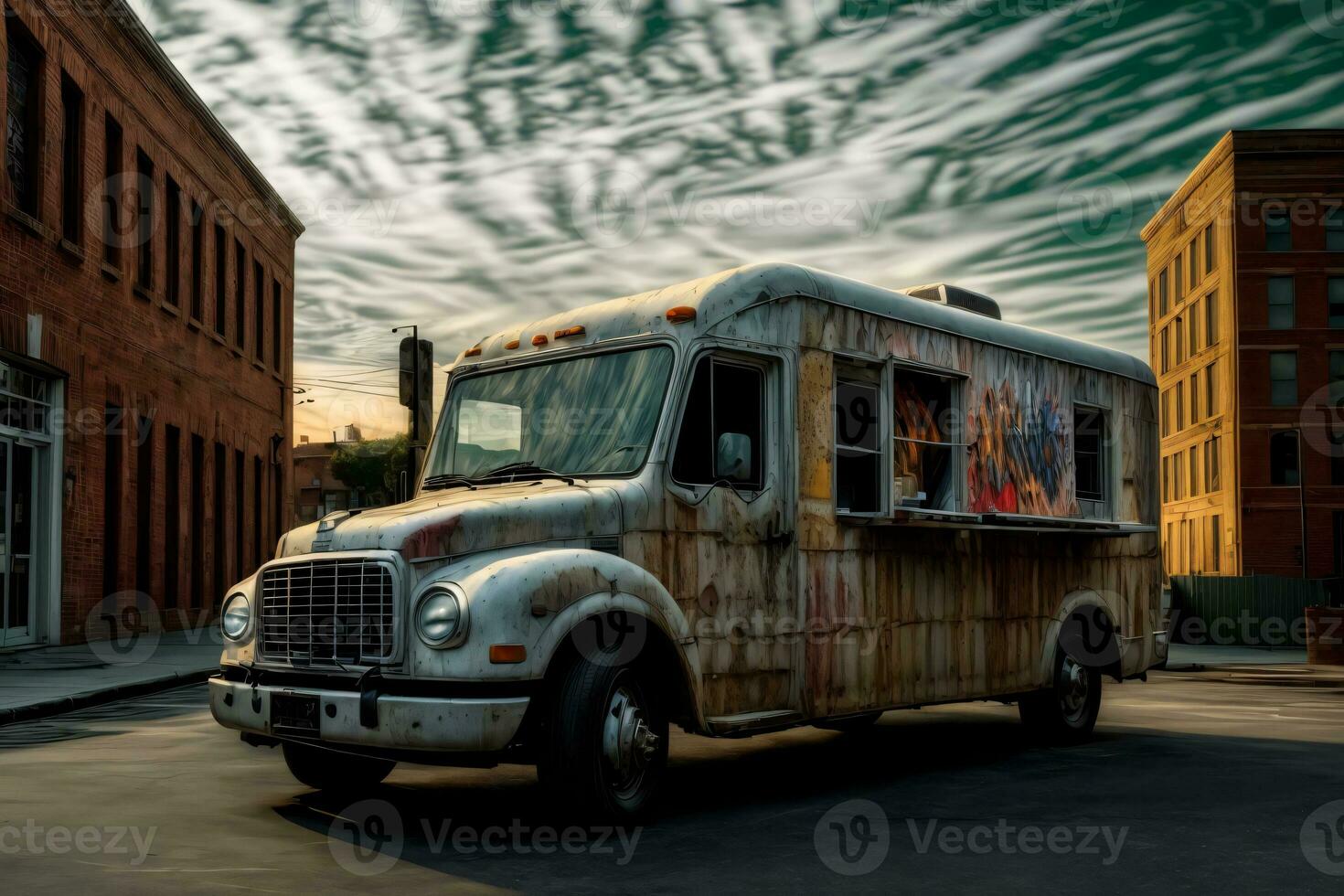 ett gammal rostig mat lastbil parkerad på de sida av de väg. ai genererad foto