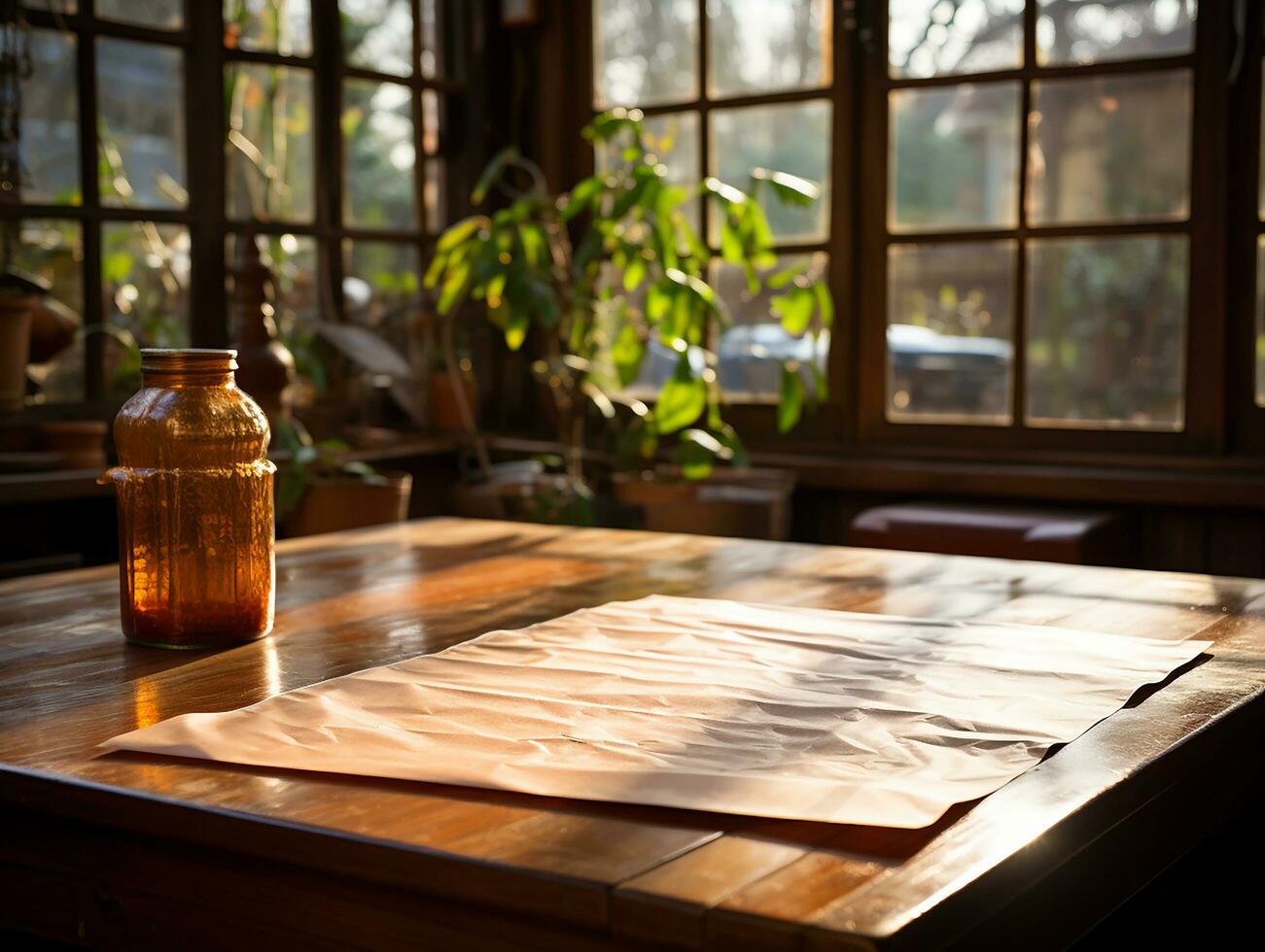 papper på de trä- tabell, verklig fotografi med slät belysning och Sol ljus ai generera foto