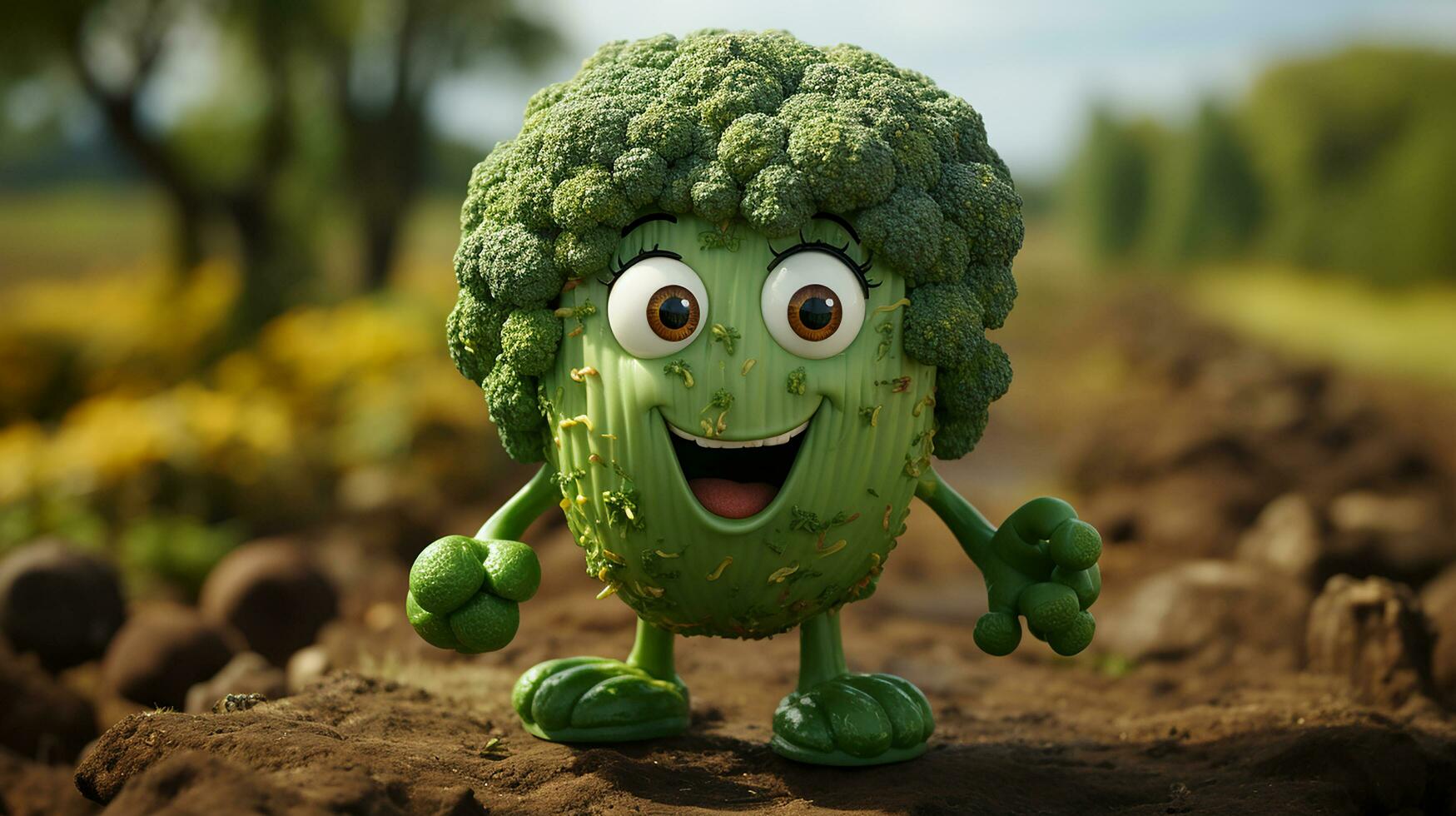 broccoli ha ansikte, händer och fot gående tillverkad förbi ai generativ foto