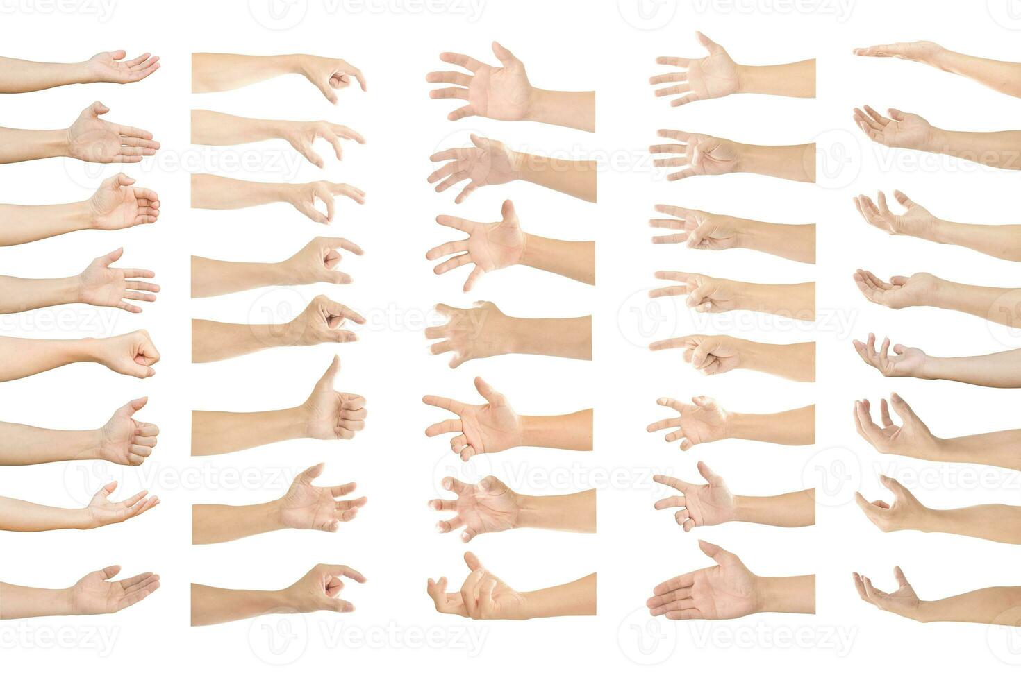 samling av mänsklig händer i flera olika gest isolerat på vit bakgrund med klippning väg. foto