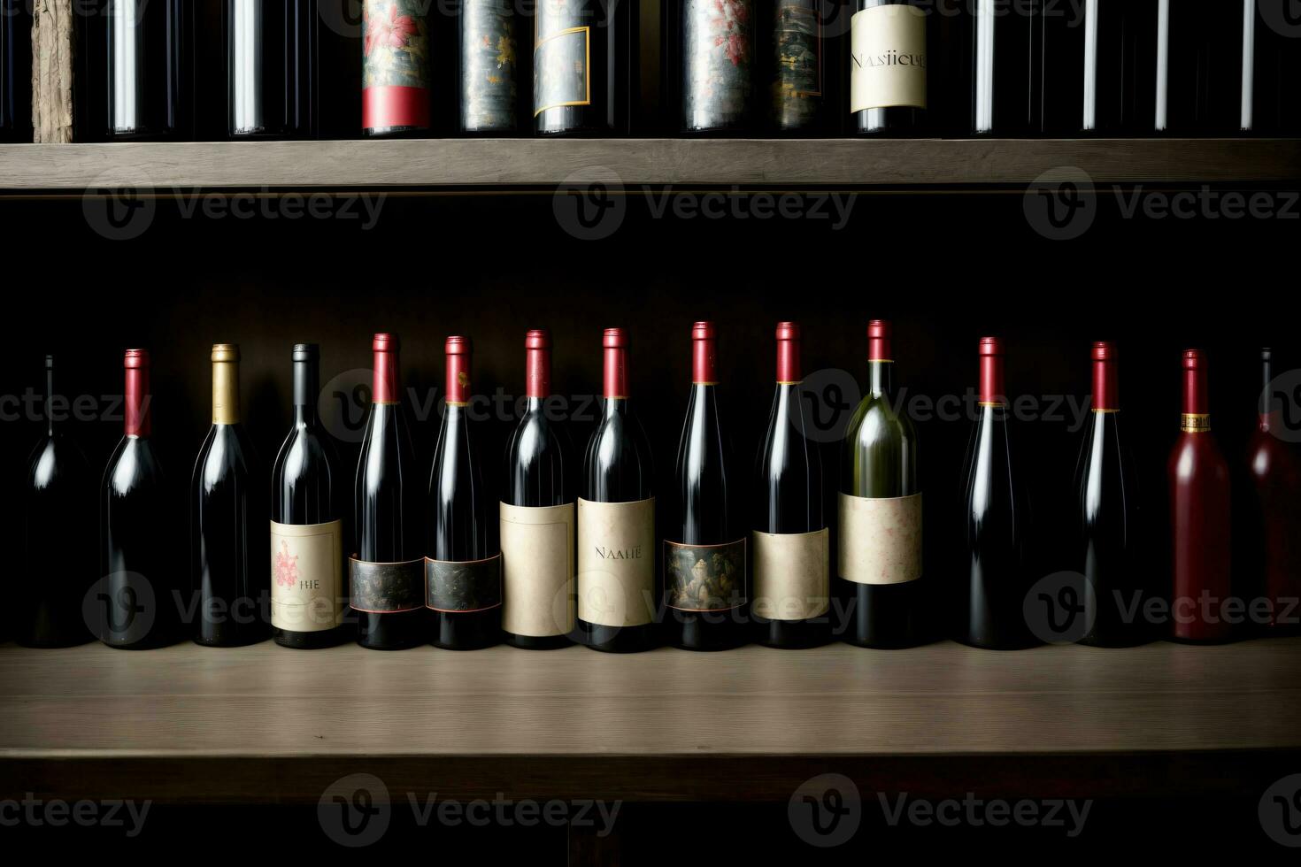 en siffra av flaskor av vin på en hylla. ai genererad foto