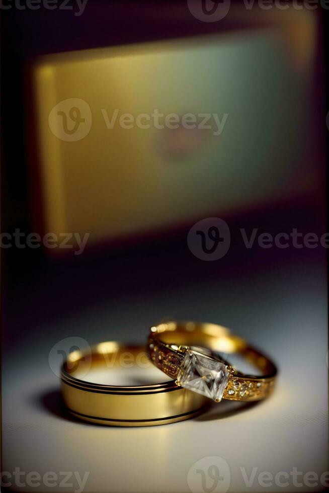 en par av bröllop ringar Sammanträde på topp av en tabell. ai genererad foto