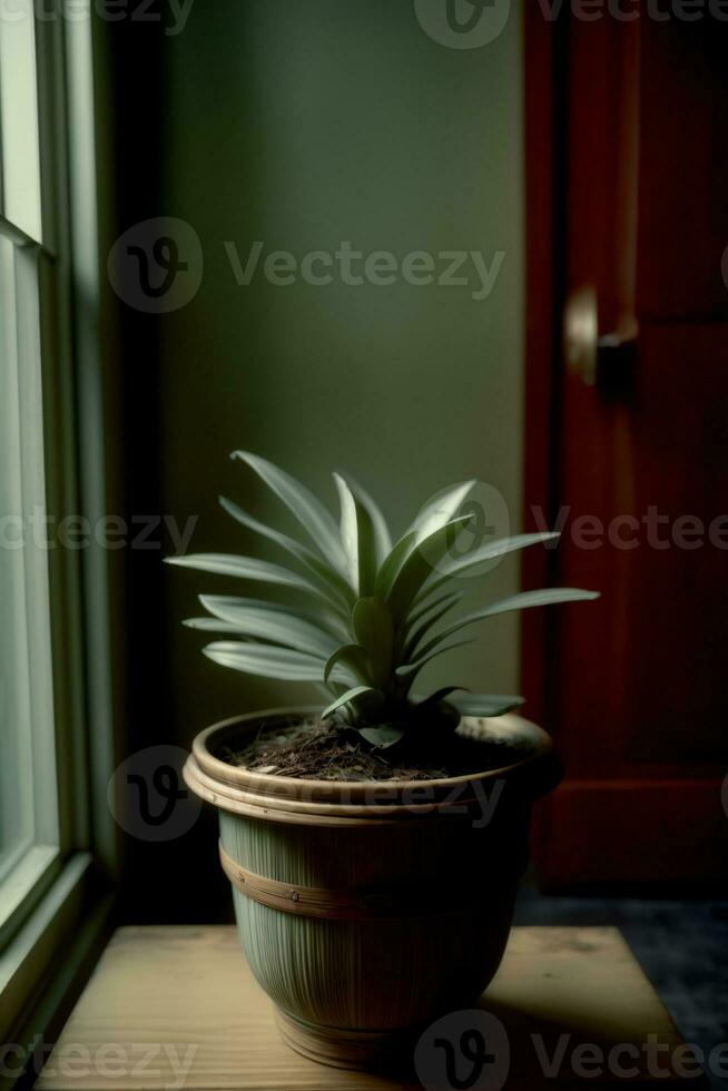 en inlagd växt Sammanträde i främre av en fönster. ai genererad foto