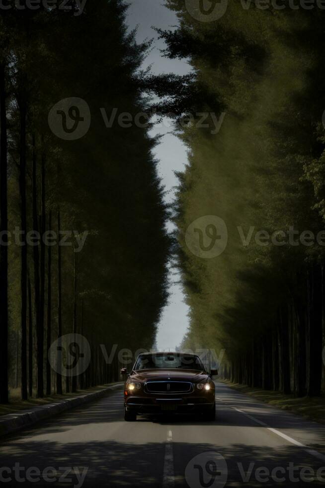 en bil körning ner en träd fodrad väg. ai genererad foto