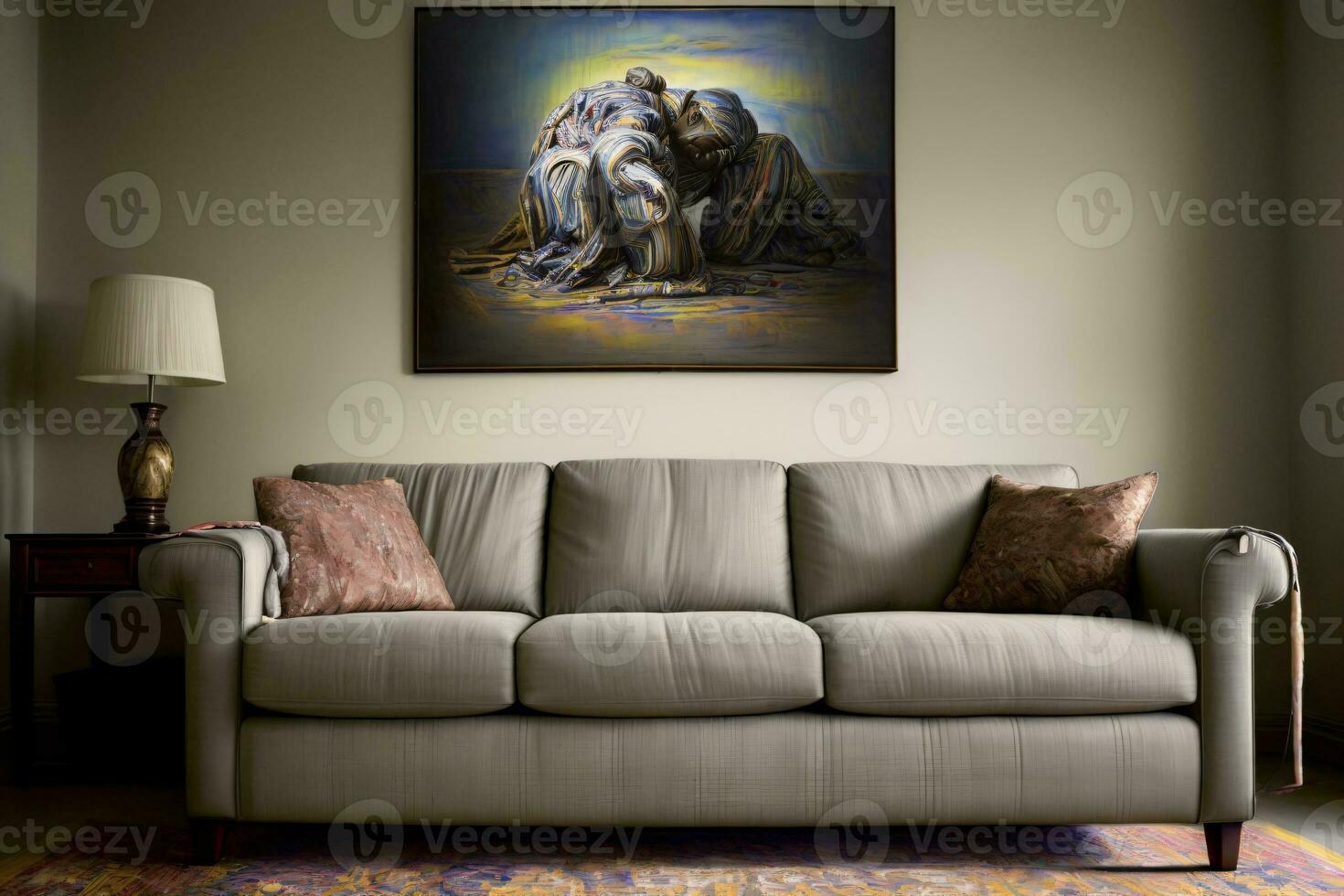 en soffa i en rum med en målning på de vägg. ai genererad foto