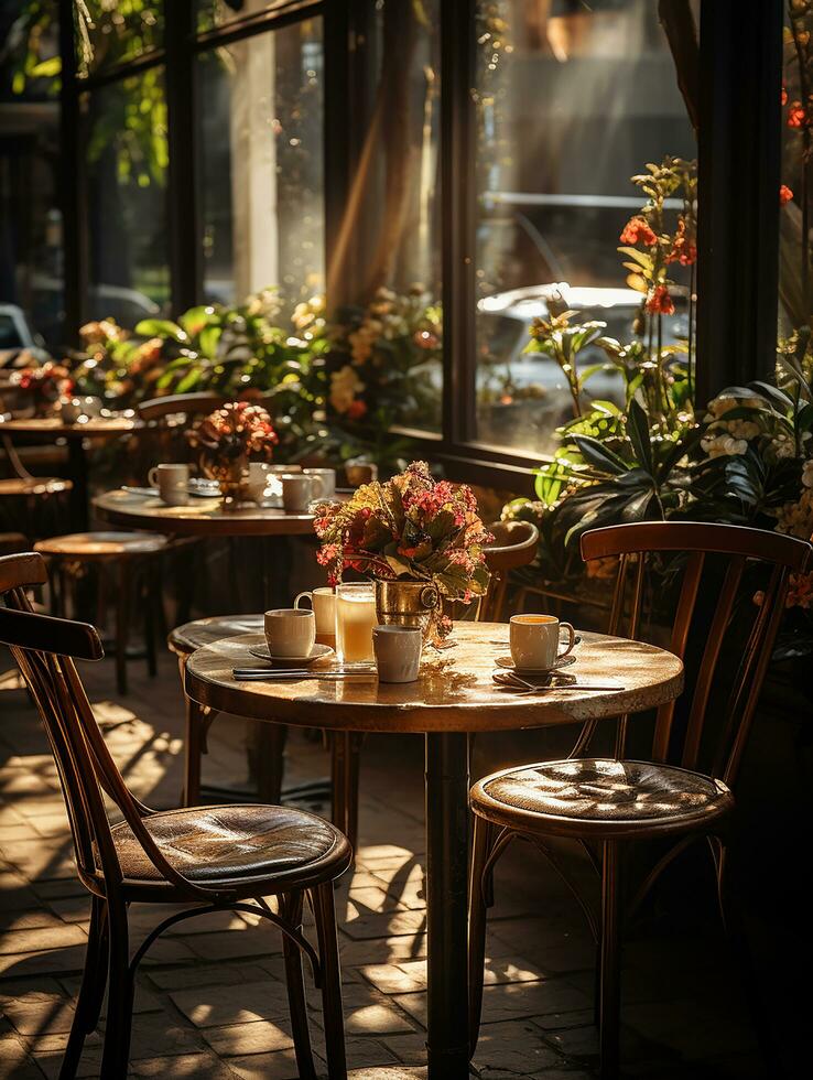 fotografi av utomhus- Kafé i dagsljus med slät belysning ai genererad foto