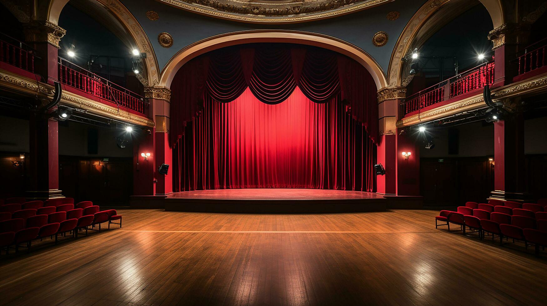 teater skede, med röd ridå, trä- golv, stolar och belysning ai generativ foto
