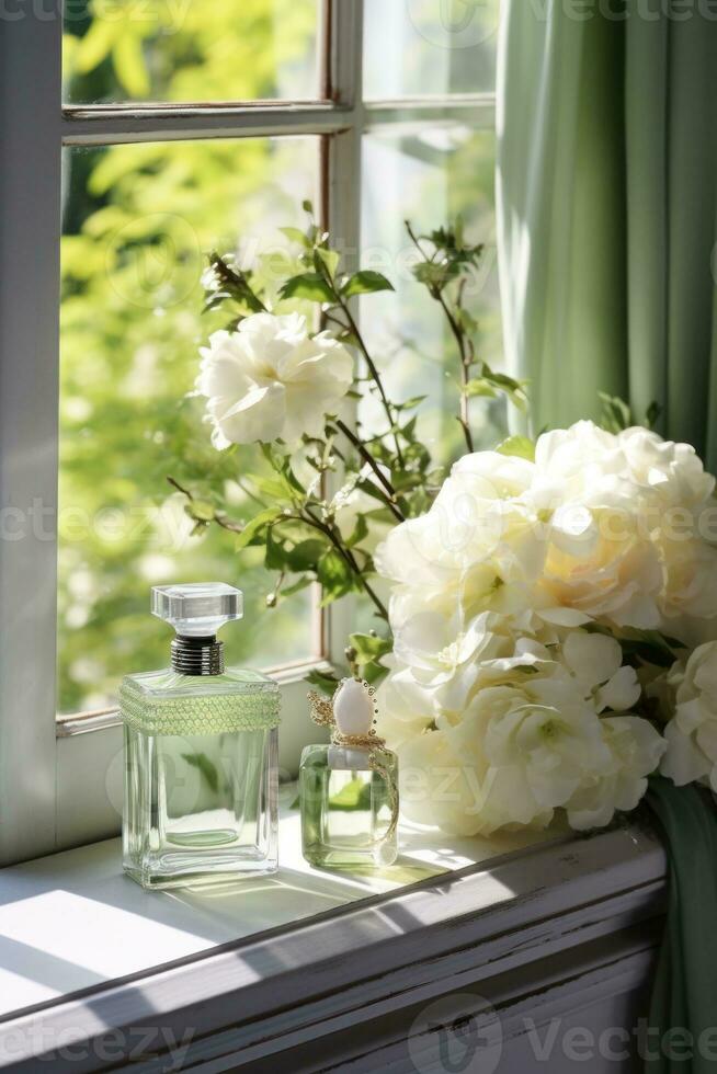 glas parfym flaska med blommor foto