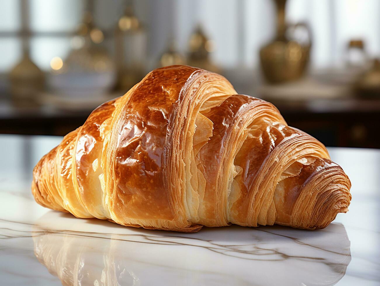 fotografi av franska croissant på de vit marmor tabell ai genererad foto