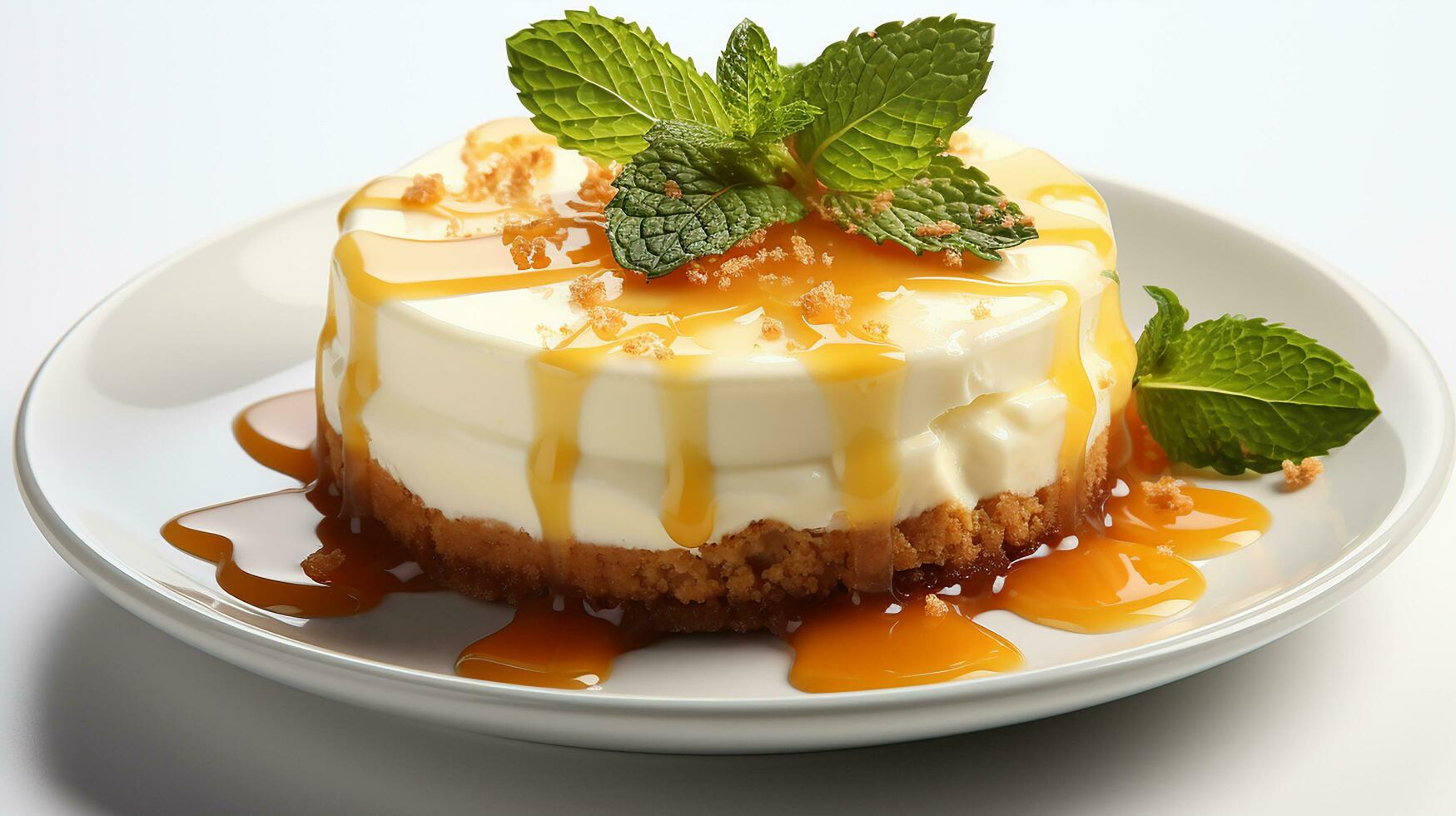 cheesecake maträtt med vit tallrik i vit bakgrund ai generera foto
