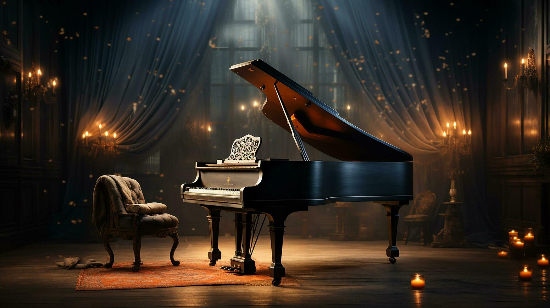 ett gammal stor piano i de mitten av mörk tom rum med Gud strålar ljus den upp ai generera foto