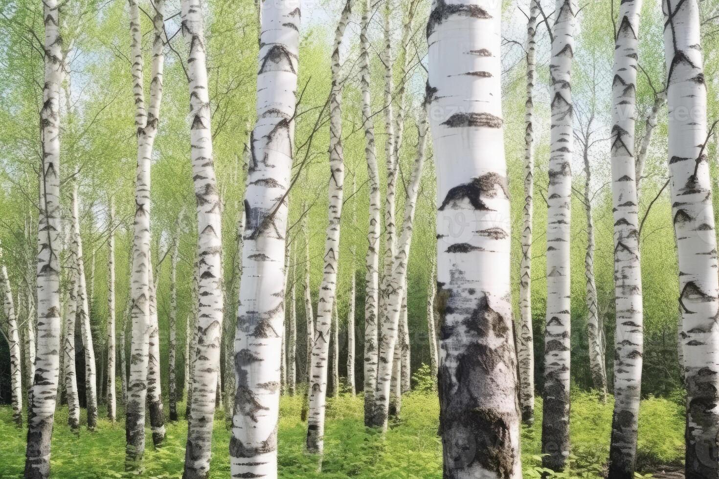 ung smal tunn björk träd i de vår i de skog. generativ ai foto