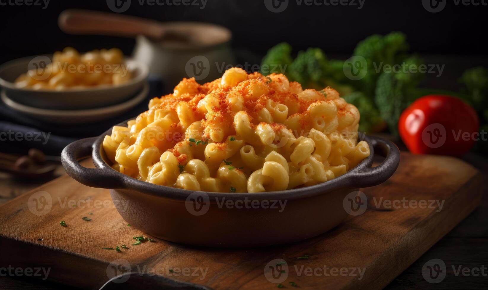 skål av makaroner och ost med broccoli i de bakgrund. generativ ai foto