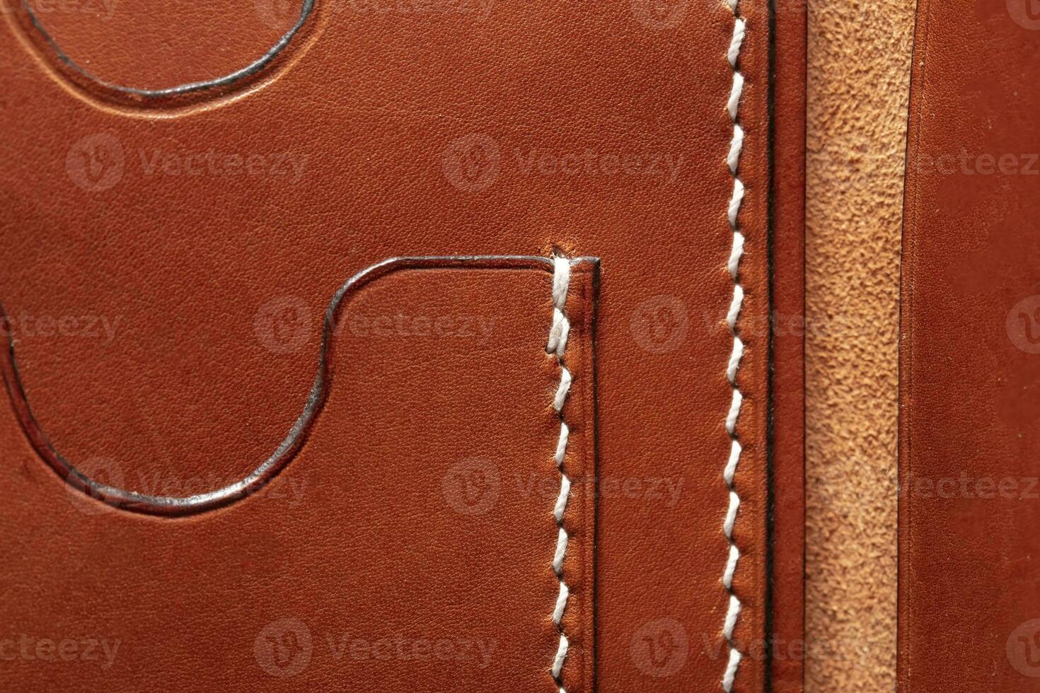 del av en brun läder plånbok eller handväska närbild. foto