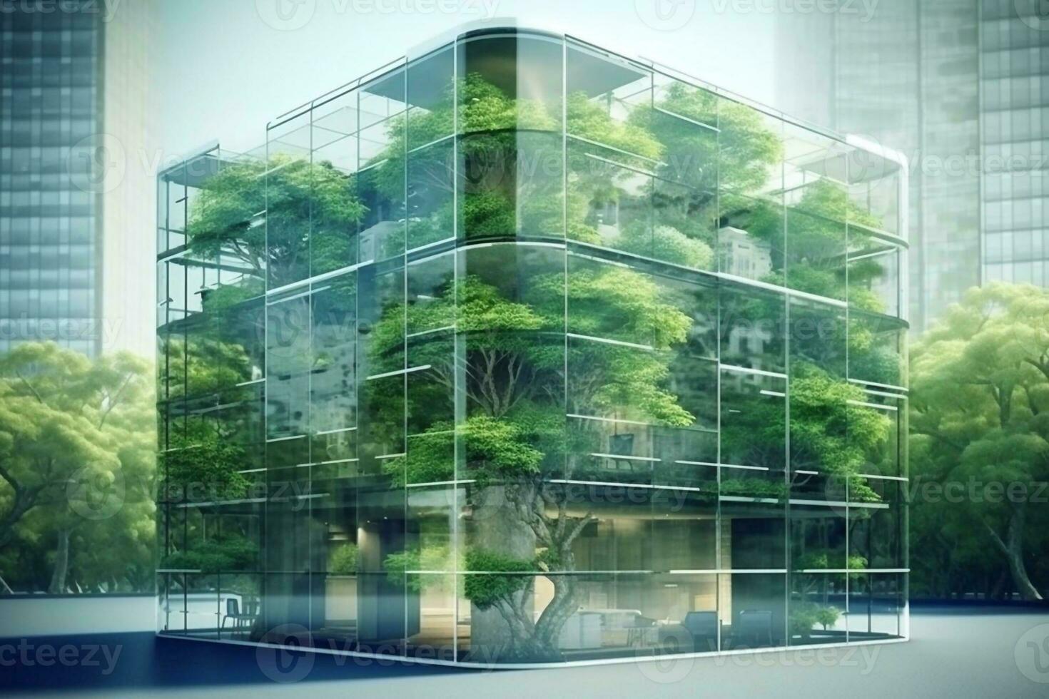 hållbart grön byggnad. miljövänlig byggnad. hållbar glas kontor byggnad med träd för minska kol dioxid. kontor med grön miljö. företags- byggnad minska co2. generativ ai foto