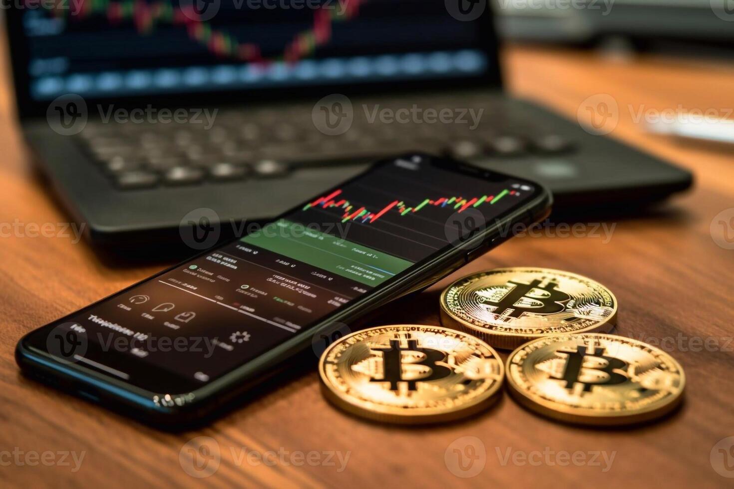 smartphone med bitcoin symbol på skärm om på dator tangentbord runt om bitcoin högar. bitcoin vinster på popularitet begrepp. generativ ai foto