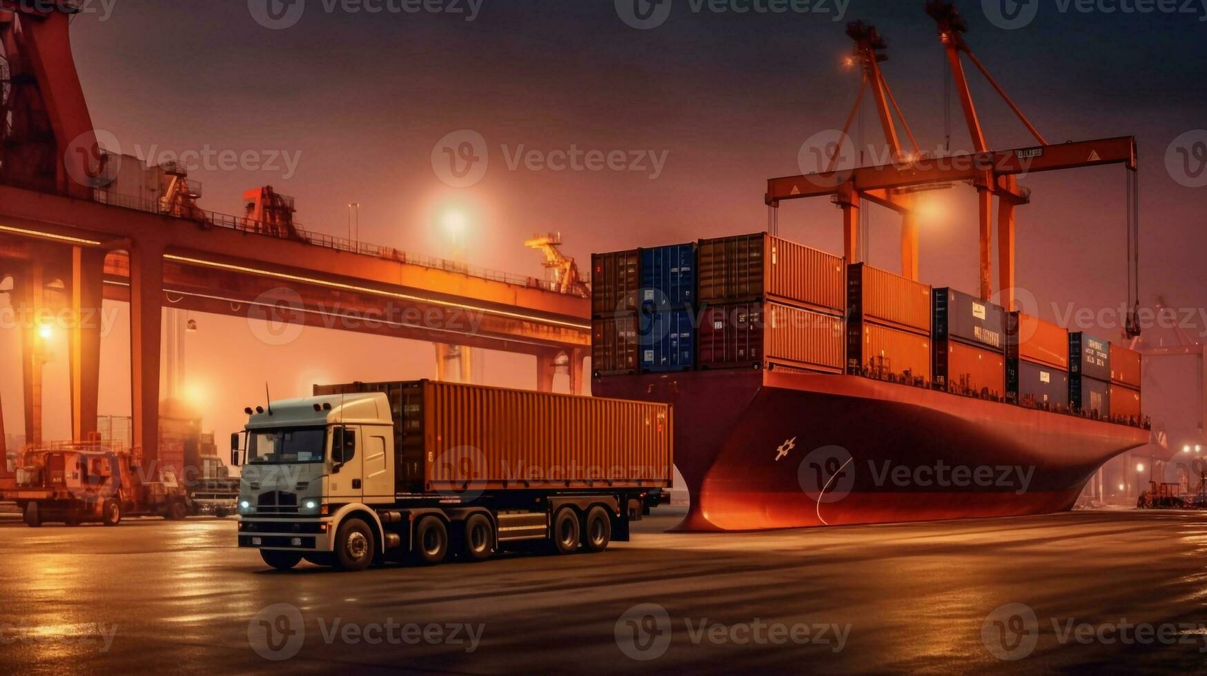 behållare lastbil i fartyg hamn för företag logistik och transport av behållare frakt fartyg och frakt plan med arbetssätt kran bro i varv på soluppgång, logistisk importera exportera generativ ai foto