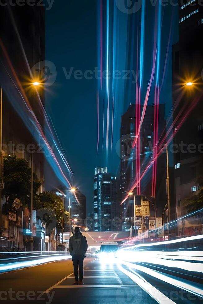 tid upphöra fotografi av fordon lampor och en man på natt i stad. ai genererad foto