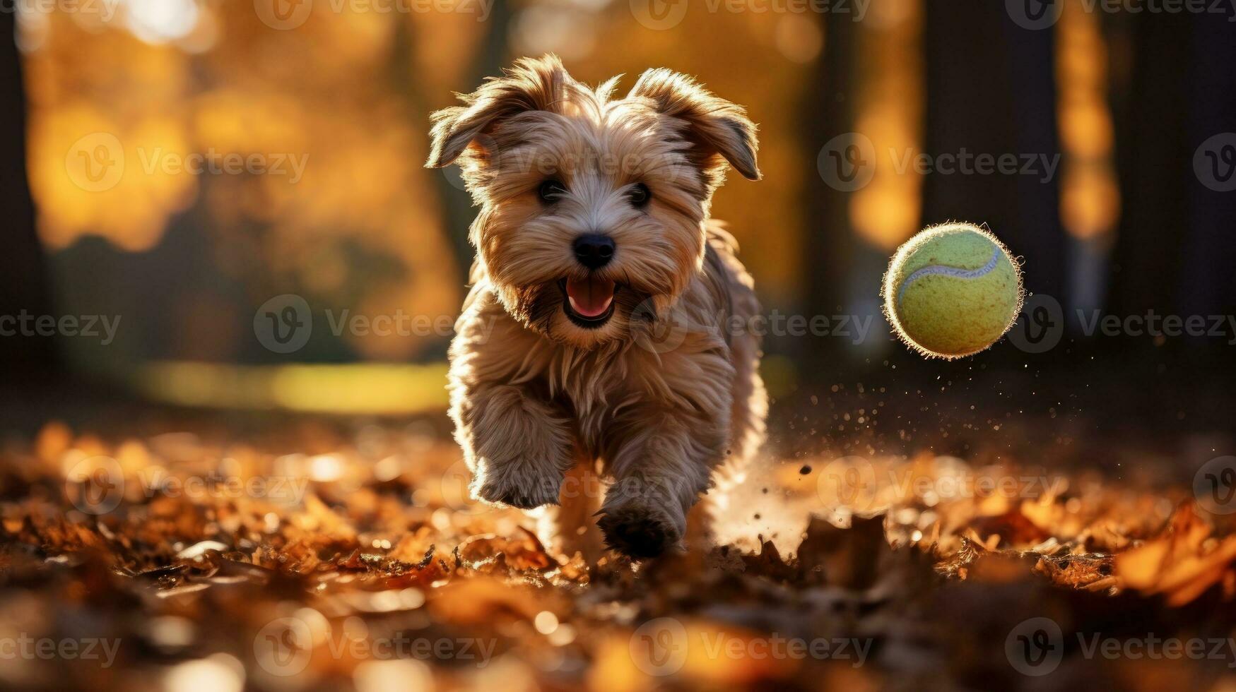 hund spelar med boll i höst parkera foto