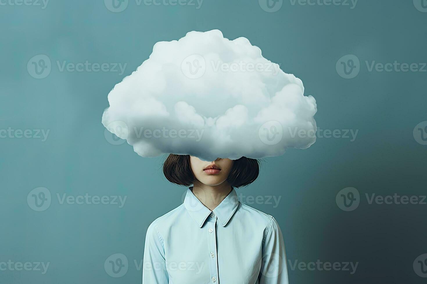en flicka med en moln beläggning henne huvud. ai genererad foto