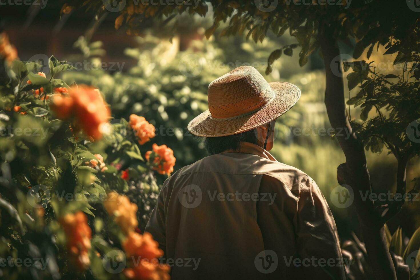 oigenkännlig manlig trädgårdsmästare i sugrör hatt i trädgård utomhus på solig dag. hobby trädgårdsarbete, blomsterodling begrepp. närbild, se från de tillbaka. generativ ai foto