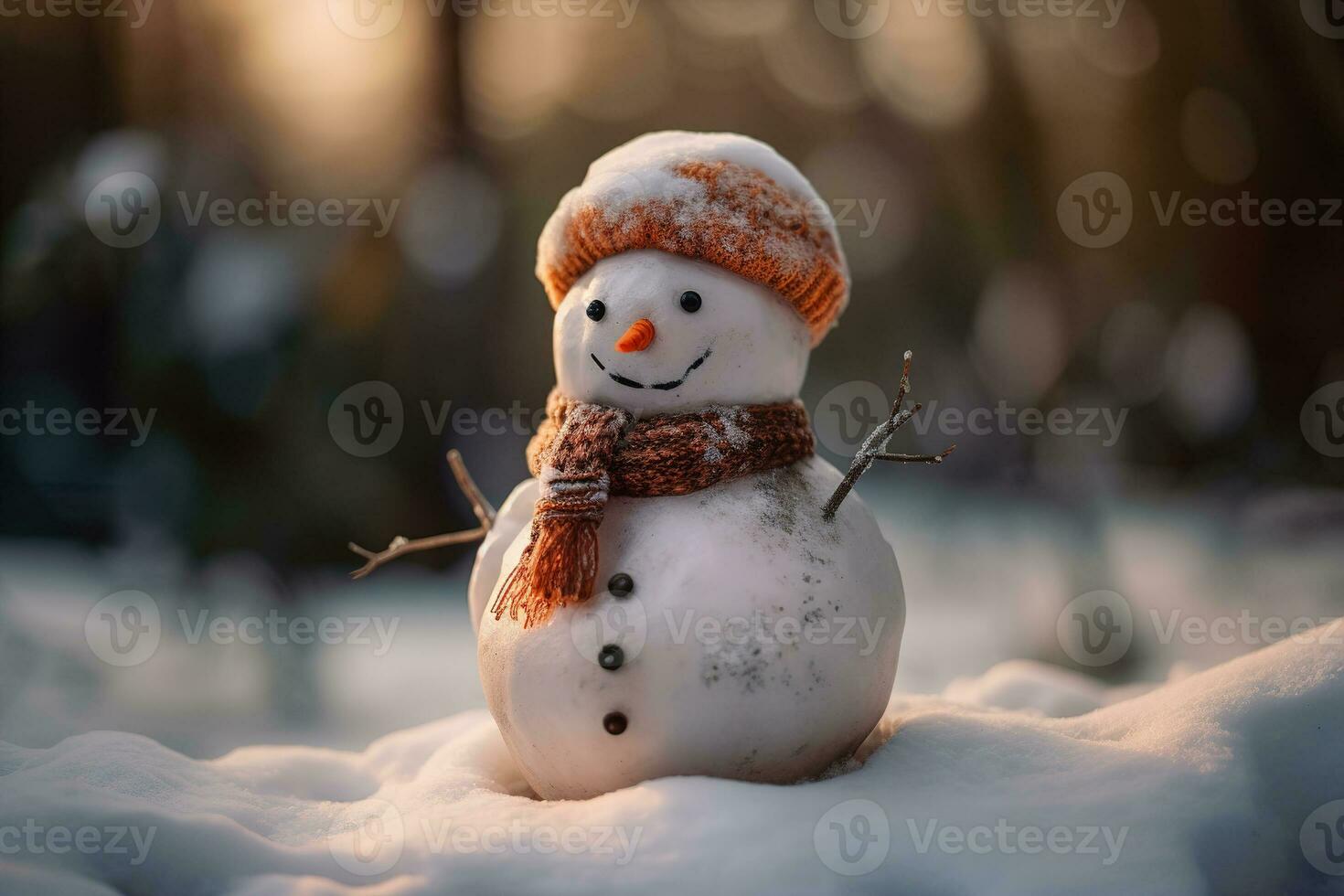 rolig söt leende snögubbe i hatt, scarf på vinter- solig dag utomhus. symbol vinter- säsong begrepp. generativ ai foto