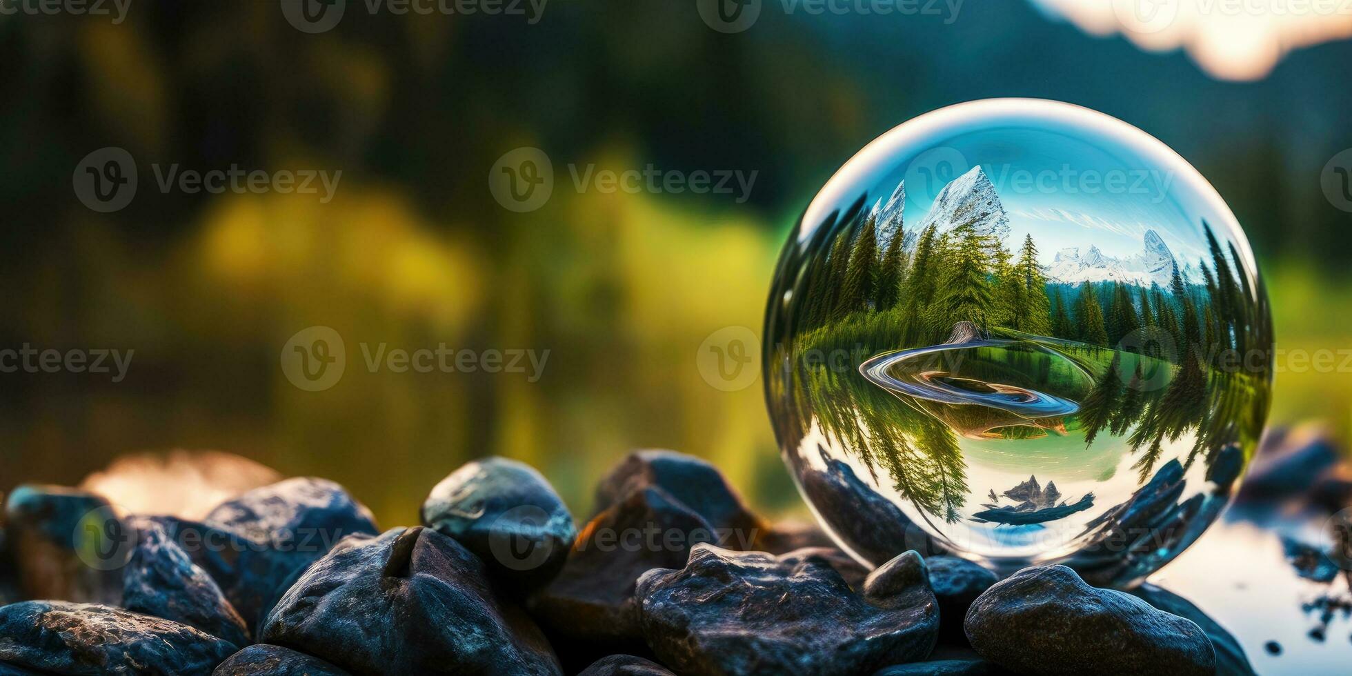perfekt glas sfär med skön natur bakgrund, generativ ai. foto
