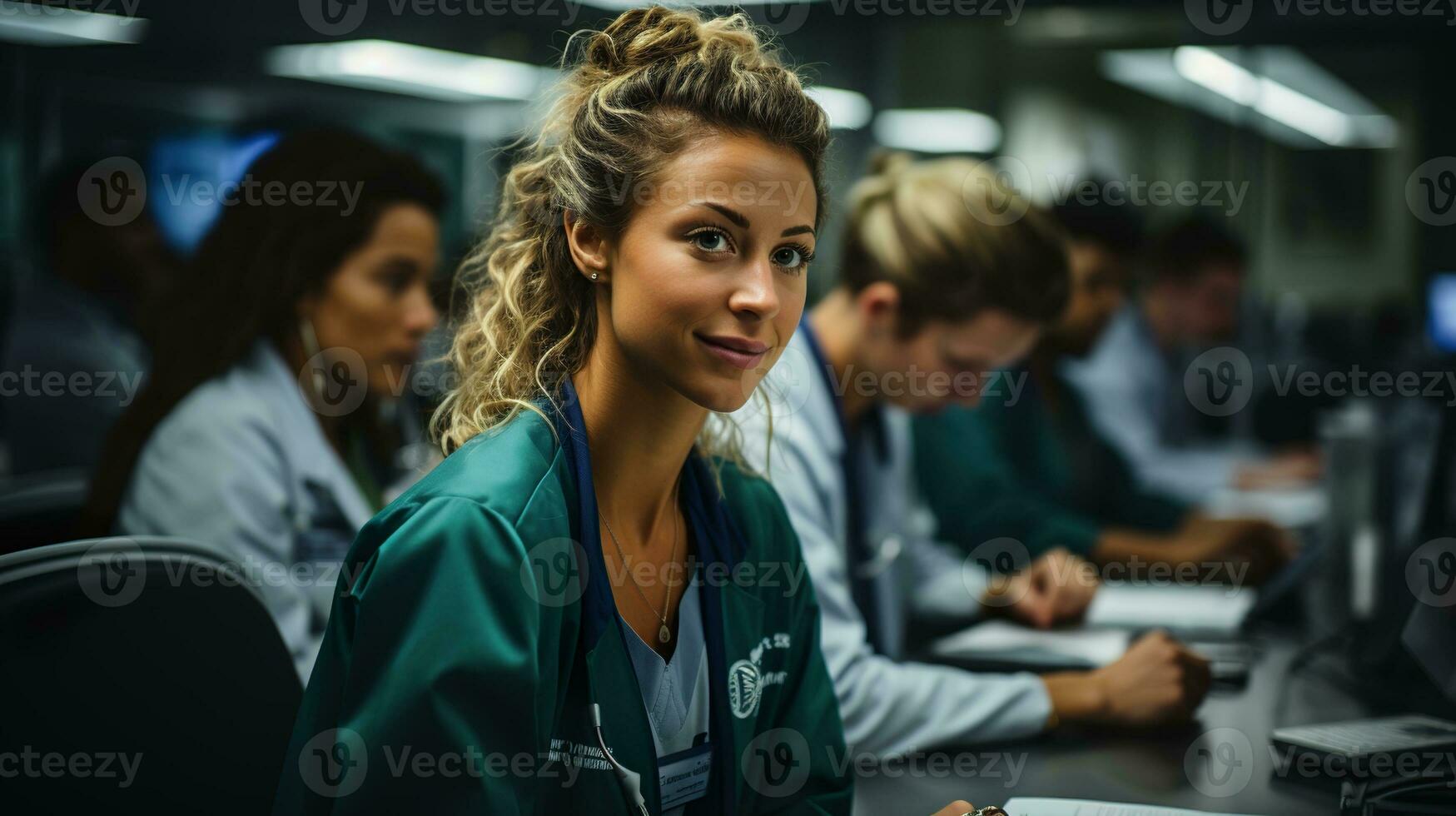 medicinsk arbetstagare Sammanträde på hans skrivbord foto