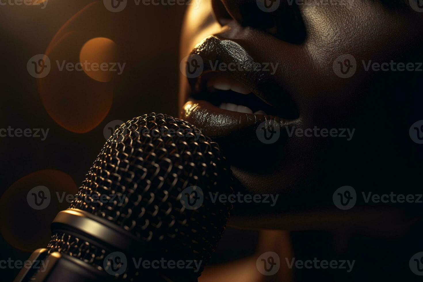 svart sångare vokalist utför på visa eller karaoke, kvinna musiker av afrikansk amerikan etnicitet sång in i mikrofon. närbild av kvinna sensuell mun och mikrofon. generativ ai foto